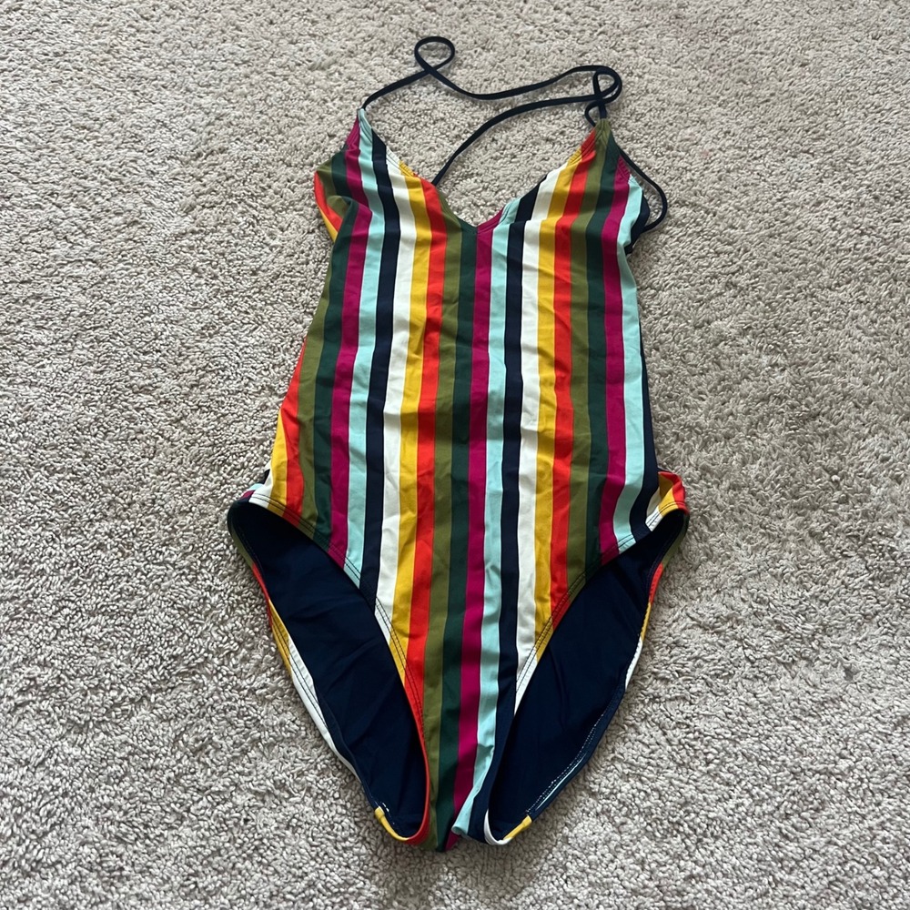 Tory Burch Swimsuit Small‎ Feliz Stripe One Piece Colorful Lattice Retro View 3